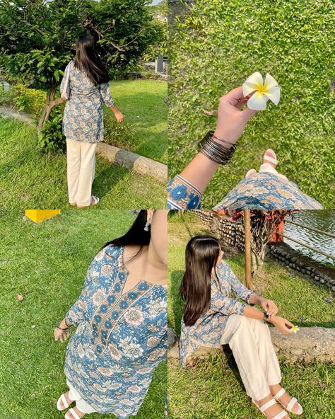 Poses For Pictures Traditional, Kurta Poses Women At Home, Photo Ideas In Desi Outfit, Poses For Kurti Outfit, Indian Kurti With Jeans, Kurti Poses Ideas, Photos In Kurti Aesthetic, Desi Aesthetic Poses In Kurti, Poses In Kurta Women Aesthetic