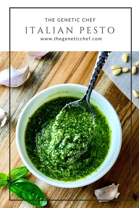 Perfect Italian Pesto - a delicious green sauce made with fresh basil leaves that's perfect for any pasta, salad, or for topping anything from vegetables to proteins. Made in minutes, devoured in seconds. #pesto #Italianpesto #Italian #Italianpestorecipe l #thegeneticchef Peruvian Pesto, Italian Pesto, Sausage Pasta Bake, Baked Rigatoni, Garlic And Olive Oil, Green Pesto, How To Make Pesto, Sausage And Peppers, Green Sauce