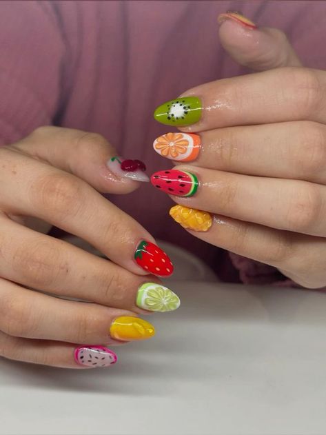 Fruit Nails Art, Passion Fruit Nails, Pickle Nail Art, 3d Fruit Nail Art, Fruit Salad Nails, 3d Fruit Nails, Short Fruit Nails, Fruit Nails Short, Nail Polish Korean