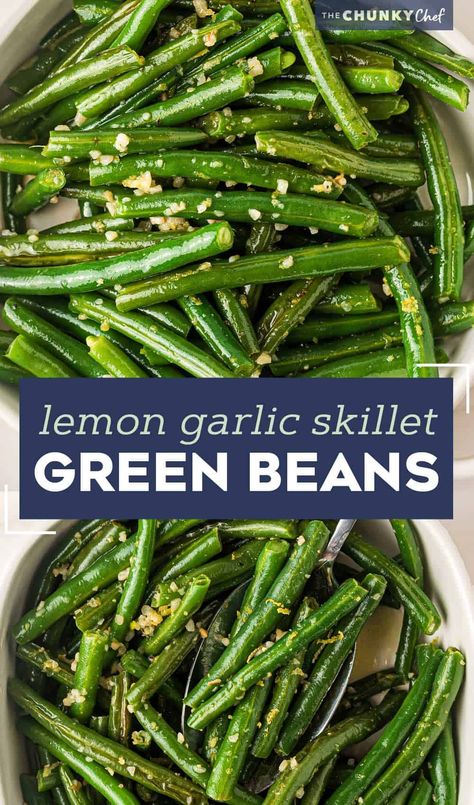 Simple and easy, this Skillet Green Beans recipe is made using fresh green beans that are cooked until crisp tender, and seasoned with plenty of garlic and lemon flavors! They're the perfect side dish! #greenbeans #fresh #sidedish Simple Green Bean Recipe, Green Bean Recipes Lemon, Grill Sides, Green Bean Recipes Skillet, Veggies Ideas, Green Bean Side Dish Recipes, Lemon Garlic Green Beans, String Bean Recipes, Fresh Green Bean Recipes