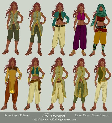 Concept exploration of Kalara's casual set of clothes. I wanted something that reflected her stylish sense of elegance while still being functional. You can read more design thoughts at http://theuncrucifiedreaders.blogspot.com. Desert Outfit Fantasy, Casual Fantasy Clothing, Desert Clothing, Desert Outfit, Character Model, Art Outfits, Campaign Fashion, Model Sheet, Kleidung Diy