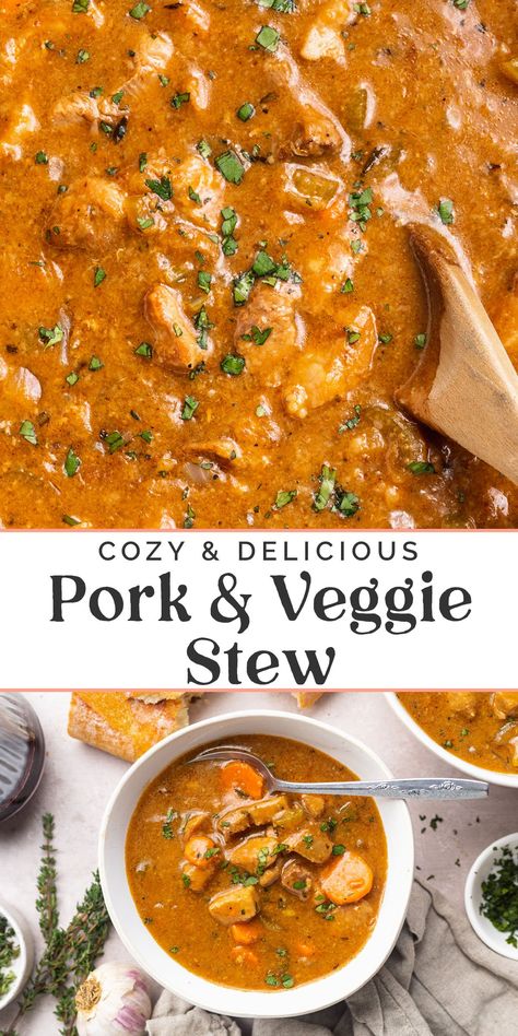 This cozy and comforting pork stew is incredibly delicious. Made in a single pot on the stove-top, the pork simmers with a variety of vegetables until super tender. This hearty and filling meal is full of flavor, and also very easy to make Stew Meat Recipes Stove Top, Pulled Pork Stew, Pork Hash Recipe, Pork Stew Meat Recipes, Pork Stew Meat, Pork Soup Recipes, Pork Stew Recipes, Veggie Stew, Best Pork Recipe