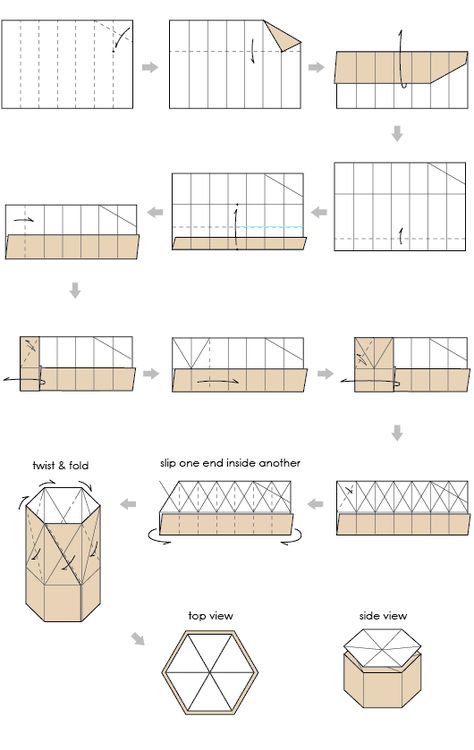 Hexagonal Box. Make two: remember the bottom half must be smaller so take off a centimeter or so to make the bottom a bit slimmer. Insert round so that the folded down corner is on the outside. The flaps left at the ends can be tucked in neatly. Cute Box Origami, Origami Hexagon Box Tutorials, Hexagon Origami, Origami Box Instructions, Origami Kutu, Box Origami, Origami Boxes, Origami Diamond, Box Folding