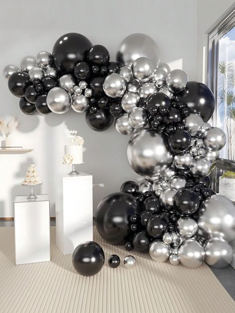 116pcs Black Silver Latex Balloons And 2 Adhesive Tape Perfect Decoration For Birthday Wedding Bridal Shower Gift Party Holiday Anniversary, Celebrations, Room Wall Photography Background, Decorative Balloon Garland Arch KitI discovered amazing products on SHEIN.com, come check them out! Silver Party Decorations, Wall Photography, Silver Balloon, Garland Arch, Silver Party, Wedding Party Supplies, Black Balloons, Baby Shower Party Supplies, Kids Party Decorations