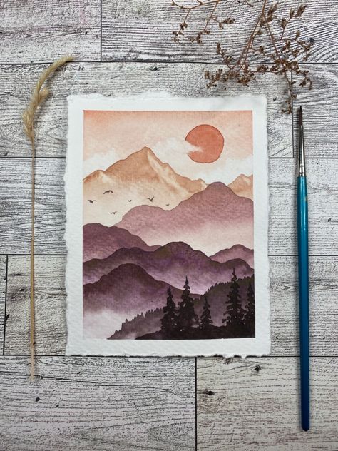 Outdoor Watercolor Painting, Watercolor Art For Beginners Nature, Mini Watercolour Landscapes, Mountain Watercolor Painting Easy, Simple Mountain Watercolor, Easy Aquarell Painting, Aquarell Painting Ideas, Watercolor Sunset Easy, Easy Watercolor Paintings Landscapes