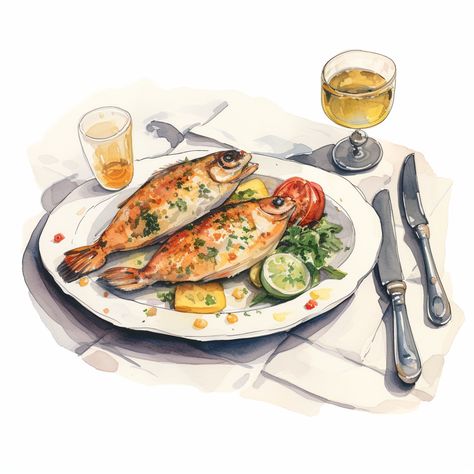 Aquarell illustration of fish plate 🐟 #aquarelle #aquarell #seafood #fish #dinner #art Plate Illustration Drawings, Fish Food Illustration, Seafood Drawing, Seafood Illustration, Wedding Stationary Design, Plate Drawing, Pan Fried Fish, Theme Board, Poster Idea