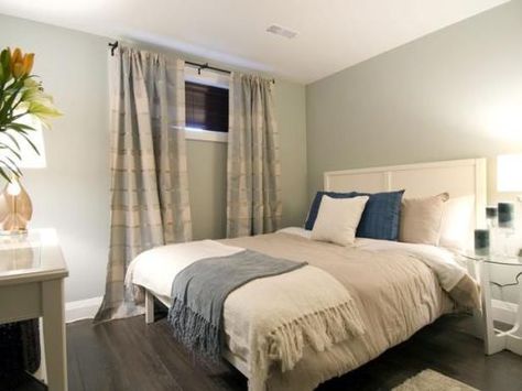 dark room decorating with sherwin williams misty or benjamin moore wickham gray Light Paint Colors, Basement Guest Rooms, Basement Windows, Basement Bedroom, Dark Bedroom, Basement Makeover, Basement Bedrooms, Bedroom Windows, Basement Decor