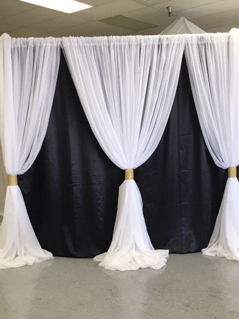 Black Satin backdrop with white voile overlays & gold accents Satin Backdrop, Tablecloth Backdrop, Draping Wedding, Brides Room, Black Tablecloth, Garland Backdrops, Gold Backdrop, Curtain Backdrops, Black Drapes