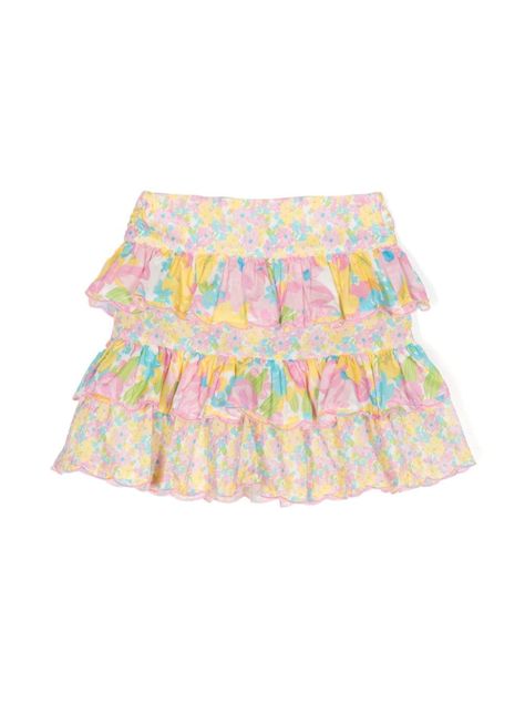 multicolour cotton all-over floral print elasticated waistband tiered skirt concealed rear zip fastening scallop hem Sorority Rush Skirts, Rush Skirts, Rush Skirt, Preppy Skirts, Orange Skirts, Two Piece Set Skirt, Rush Week Outfits, Pastel Clothes, Pastel Clothing