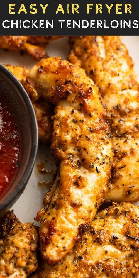 These Air Fryer Chicken Tenderloins are juicy on the inside and have a crispy parmesan crust on the outside! With just 8 minutes of cooking time and barely any prep, you can have a healthy, flavorful meal on the table in no time! Chicken In Air Fryer Time, Chicken Tenderloin Recipes Meal Prep, Airfryer Parmesan Crusted Chicken, Air Fryer Chicken Breast Tenderloins, Chicken Tenderloins In Air Fryer, Chicken Tenderloin Recipes Air Fryer, Parmesan Crusted Chicken Air Fryer, Healthy Chicken Tenderloin Recipes, Chicken Tenderloin Recipes Healthy