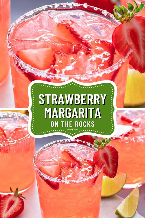 strawberry margarita on the rocks At Home Margaritas On The Rocks, How To Make Strawberry Margaritas, On The Rocks Margarita Recipes, Cowboy Margarita Recipe, Different Margarita Recipes, Margarita Recipes Strawberry, Best Margarita Recipe On The Rocks, Easy Margarita Recipes On The Rocks, Strawberry Margarita Recipe Pitcher