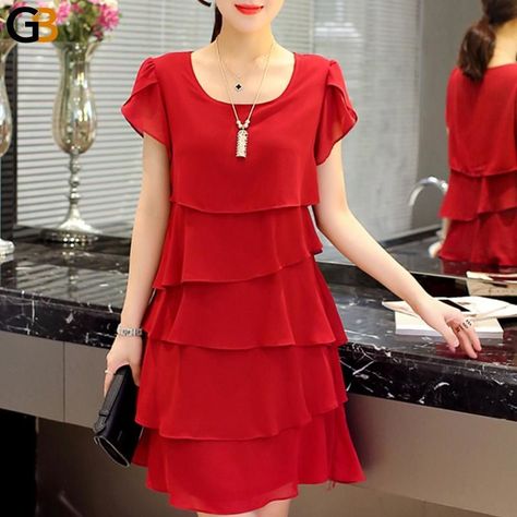 a3545bd79d31f9a72d3a78690adf73fcdesc49242165ri Chiffon Dress Plus Size, Chiffon Ruffle Dress, Chiffon Summer Dress, Dazzling Dress, Ruffles Fashion, Summer Fashion Dresses, Red Dresses, Vestidos Vintage, Chiffon Ruffle