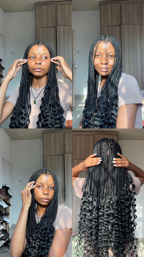 Black girl with black Knotless braids that have curled ends. Spiral End Braids, Flexi Rod Curled Box Braids, Flexi Rod Braids, Curling Braids With Flexi Rods, Black Medium Knotless Braids, Curling Braids With Hot Water, Knotless With Curls At The End, Knotless Braids With Curled Ends, Pick And Drop Braids Curls