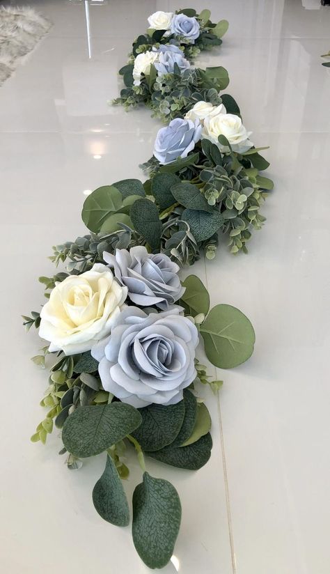 White Rose Garland, Centerpiece Eucalyptus, Lambs Ear Garland, Ivory Rose Bouquet, Blue Wedding Centerpieces, Baby Blue Weddings, Artificial Eucalyptus Garland, Blue Garland, Blue Centerpieces