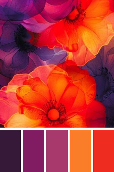 A rich orange and purple color palette defines this floral arrangement, where translucent orange petals blend seamlessly with deep purples, evoking a mesmerizing and bold visual impact. Colors That Go Good With Purple, Red Orange Purple Wedding, Oil Spill Color Palette, Rich Purple Color Palette, Orange Yellow Purple Color Palette, Purple And Orange Palette, Purple Combination Colors, Orange And Purple Color Palette, Purple Red Color Palette