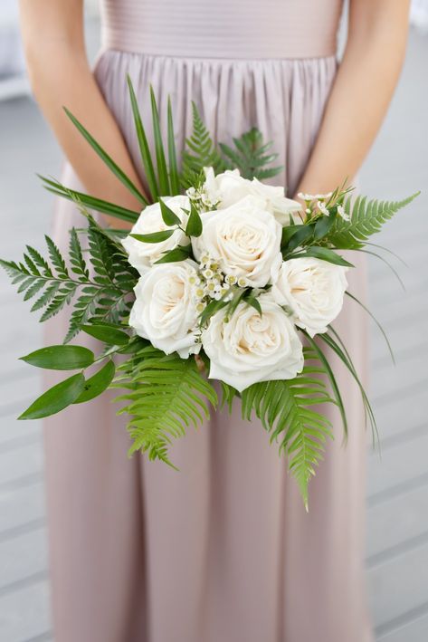 Beach Wedding Bridesmaid Flowers, White Tropical Wedding Flowers, Fern Wedding Bouquet, White Tropical Bouquet, Simple Bridesmaid Bouquets, Ancaster Mill, Rose Bridesmaid Bouquet, Tropical Bridal Bouquet, Wedding Bridesmaid Flowers