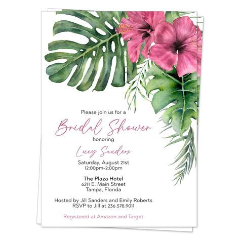 PRICES MAY VARY. ♥ Invite guests to your tropical themed bridal shower with this fun invite featuring palm leaves and hibiscus flowers. ♥ Includes 12 Invitations and 13 White Envelopes. ♥ Invitations measure 5x7 inches and are custom printed with your event details. ♥ Printed on high quality matte smooth finish card stock. ♥ All our products are Made with Love in the USA. ♥ Female owned & veteran owned small business. ♥ Invite guests to your tropical themed bridal shower with this fun invite fea Polynesian Wedding, Tropical Bridal Shower Invitations, Luau Invitations, Tropical Theme Party, Gala Invitation, Hawaii Theme, Tropical Bachelorette, Tropical Invitations, Tropical Bridal Showers