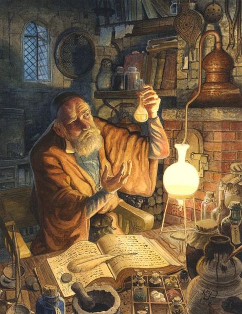 What Really is Alchemy? Quiz on the basics of an alchemist: “What is alchemy? Give one example of a cultural alchemist, etc.) Decide as a class if the Alchemist “taught” the boy “alchemy” (first as an actual science, then as a life application). Discuss h Chris Dunn, Alchemy Art, Heroic Fantasy, The Alchemist, Ancient Knowledge, Arte Obscura, Arte Fantasy, Art And Illustration, 판타지 아트