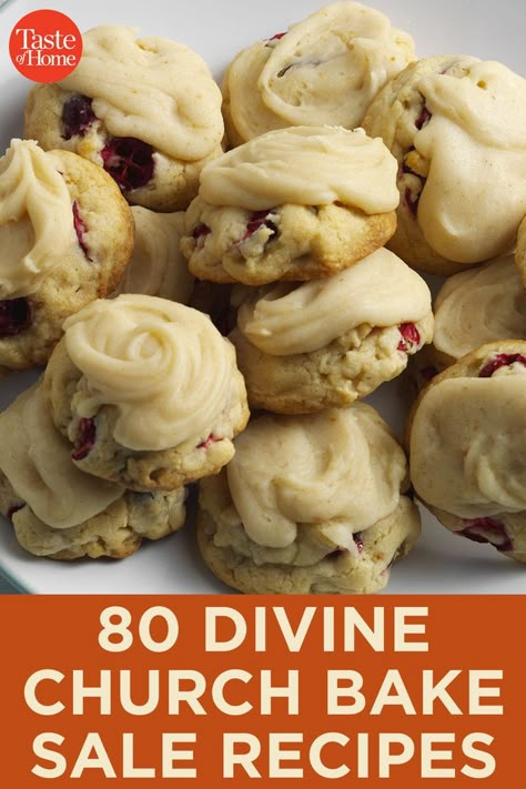 A good old-fashioned church bake sale is hard to beat. These heavenly cookies, bars, breads and pies will inspire you to bake up a few batches of the delicious money-makers at home. Cookie Bake Off Ideas, Bake Auction Ideas Desserts, Cookies For Potluck, Bake Sale Muffins, Baked Good Ideas For Bake Sale, Easy Bake Sale Cookies, Bake Sale Cookies Easy, What To Make For Bake Sale, Dessert Auction Recipes