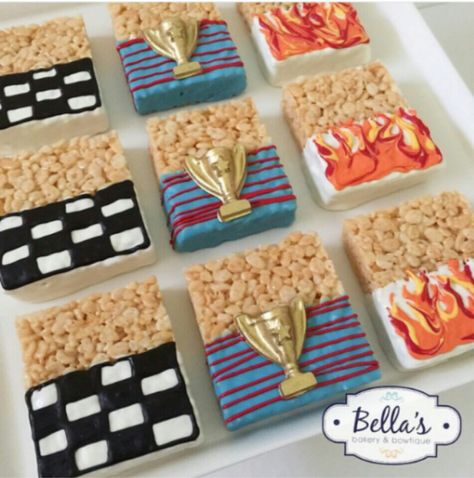 Rice Krispies Rice Krispie Treats Cars Theme, Hot Wheels Rice Krispies, Car Rice Krispie Treats, Race Car Rice Krispy Treats, Race Car Birthday Dessert Table, Race Car Themed Desserts, Disney Cars Desserts, Race Car Treats, Race Birthday