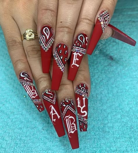 Red Bandana Nails Design, Red Paisley Nails, Bandana Acrylic Nails, Jordan Nails Designs, Low Rider Inspired Nails, Chicana Nails Designs, Nails For Christmas 2022, Red Bandana Nails, Lowrider Nails