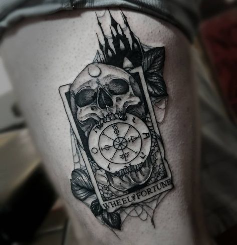 Skull Tarot Card Tattoo, Tarot Card Tattoo Sleeve, The World Tarot Tattoo, Tarot Tattoos, Mario Ideas, Tarot Inspiration, Venom Tattoo, Leg Tats, 3 Monkeys