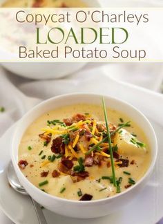 Copycat Loaded Baked Potato Soup | Creamy and thick, this potato soup is topped with savory cheese, fresh chives and crumbled bacon. It tastes just like O'Charley's loaded baked potato soup! Baked Potato Soup Recipe, Cheesy Potato Soup, Hearty Soup Recipes, Potato Soup Crock Pot, Loaded Potato Soup, Cheddar Cheese Soup, Loaded Baked Potato Soup, Loaded Baked Potato, Bacon And Cheese