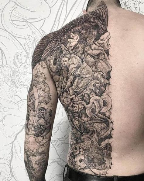 Men Cool Tattoo, Best Back Tattoos, Back Tattoos For Men, Cool Tattoo Designs, Full Chest Tattoos, Backpiece Tattoo, Cool Back Tattoos, Cherub Tattoo, Full Leg Tattoos