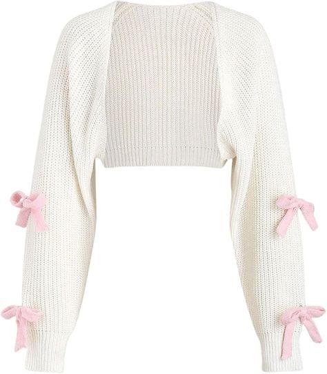 SHENHE Women's Open Front Ribbed Knit Bow Cute Cropped Cardigan Bolero Sweater Shrug White Long Sleeve Cardigan, Bow Cardigan, Sweater Shrug, Knit Bow, Bolero Sweater, Pink Bow Tie, Cropped Cardigan Sweater, Cozy Aesthetic, White Cardigan