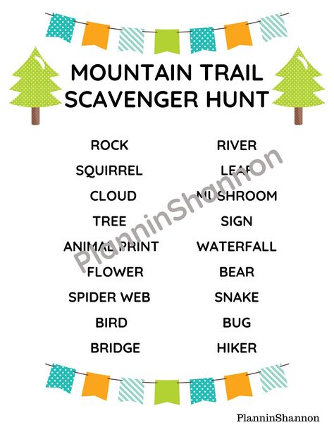 "Ready to go hiking on a mountain trail?  Have little ones who might get bored?  Pack this scavenger hunt in your backpack and they will have fun for sure.  Check off or mark out the items you find.  Print several for all the family and friends.  Make it a game and see who can find them all first! This download comes with one Mountain Trail scavenger hunt page. Compliments the camping theme activities, also in my Etsy shop! DELIVERY: Instant Download of one (1) PDF file in high resolution (300 D Nature Birthday, Rock River, Theme Activities, Mountain Trail, Theme Activity, Printable Game, Mountain Trails, Camping Theme, Go Hiking