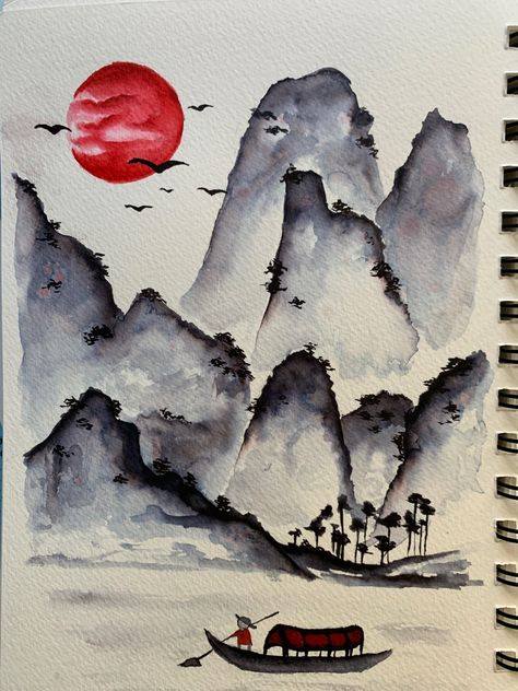 Chinese Canvas Painting, Line Art Drawings Watercolor, Chinese Watercolor Landscape, Chinese Inspired Painting, Ink Wash Painting Landscape, Easy Chinese Painting, Abstract Chinese Painting, Japanese Style Art Illustrations, Simple Chinese Painting