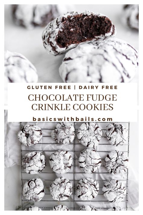 Chocolate Fudge Crinkle Cookies, Dairy Free Christmas Cookies, Christmas Crinkle Cookies, Cookies Dairy Free, Gluten Free Holiday Cookies, Gluten Free Christmas Cookies, Crinkle Cookies Recipe, Chocolate Crinkle, Chocolate Recipes Homemade