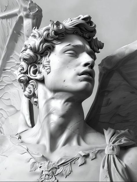 Angel Statue Reference, Clay Statues Sculpture, Statue Drawing Reference, Portrait Reference Black And White, Greek Statue Sketch, Greek Statues Male, Icarus Statue, Greek God Statues, Greek Statues Aesthetic