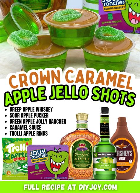 Easy Crown Caramel Apple Jello Shots Recipe Green Apple Fireball Jello Shots, Apple Crisp Jello Shots, Easy Fall Jello Shots, Cookies And Cream Shots, Caramel Apple Jello Shots Crown, Jell-o Shots With Whipped Vodka, Whisky Jello Shots, Beetle Juice Jello Shots, Friendsgiving Jello Shots