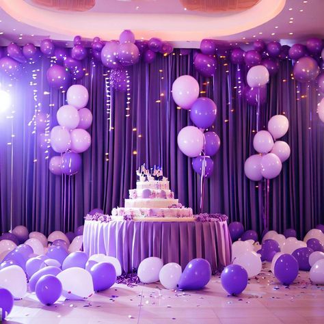 Purple party birthday decorations hall birthday party🎂🎉🎈bts decor Purple White Birthday Decor, Birthday Party Decorations Banquet Hall, Purple B Day Party, Birthday Hall Decorations, Purple Bday Decorations, Hall Birthday Party, Purple Birthday Theme, 21st Birthday Table Decorations, Graduation Party Purple