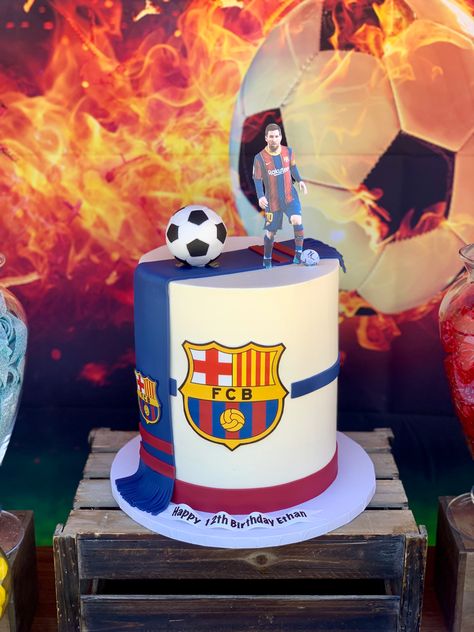 Messi Theme Birthday Party, Barcelona Cake Ideas, Barcelona Soccer Party, Messi Cake, Real Madrid Cake, Barcelona Cake, Soccer Birthday Cakes, Happy 12th Birthday, Soccer Birthday Parties