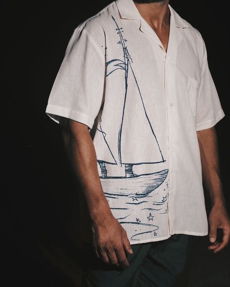 The shirt, adorned with the intricate print of a majestic vessel, embodies the epitome of uniqueness. Mens Top, Linen Shirt Men, Mens Designer Fashion, The Shirt, Fabric Painting, Shirt Men, R A, Linen Shirt, Men's Fashion