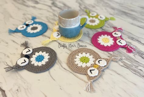 "Coasters are approximately 5\" in diameter. They come in 6 fun colors! They are hand crocheted with 100% cotton yarn. They can be used over and over, can be washed in cold water and laid flat to dry. They make great gifts! Can be purchased separately or in a set of 4 (mix or match). Thanks for shopping in my store! Ships free with $35 order. Click to see other crocheted coasters in my shop https://www.etsy.com/shop/CraftyKimsCorner2?ref=seller-platform-mcnav&section_id=35644901" Owl Coasters, Crocheted Coasters, Owl Home Decor, Coasters Crochet, Crochet Owls, Crochet With Cotton Yarn, Owl Mug, Colorful Crochet, Crochet Owl