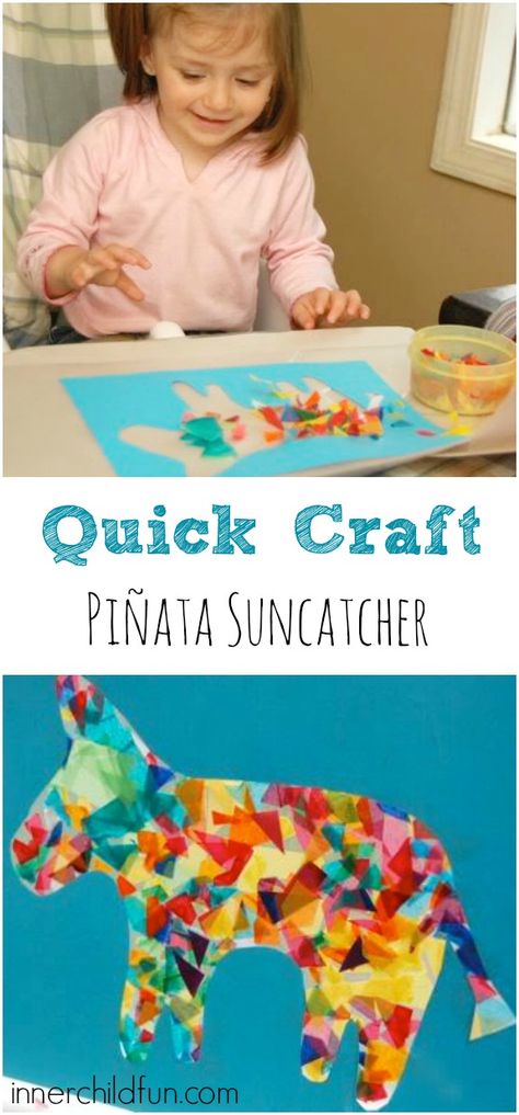 It’s almost time for Cinco de Mayo — one of my favorite holidays! I love the food, the music, and all the bright beautiful colors! We made fun pinata suncatchers today to make our kitchen look a little more festive. I drew an outline of a donkey onto some construction paper, and Emily cut out … Hispanic Heritage Month Crafts, Multicultural Crafts, Mexico Crafts, Spanish Crafts, Hispanic Heritage Month Activities, May Crafts, Mexican Crafts, Quick Crafts, 5 De Mayo