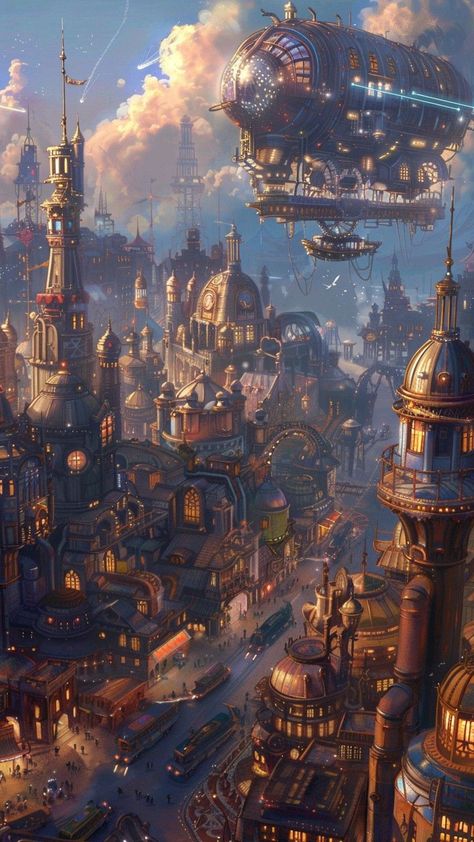 Rich City Fantasy Art, Machine World Concept Art, Steampunk Landscape Art, Steampunk Scenery Landscapes, Fantasy City Inspiration, Dnd City Aesthetic, Fantasy Industrial City, Fantasy Steampunk Art, Fantasy Night City