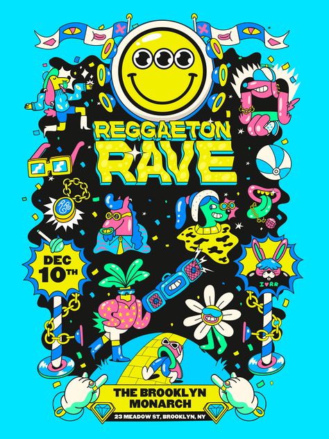 Reggaeton Rave on Behance Pop Music Festival Poster, Festival Graphics, Rave Poster, Rave Design, Rave Flyer, Festival Illustration, Festive Poster, Music Festival Logos, Party Illustration