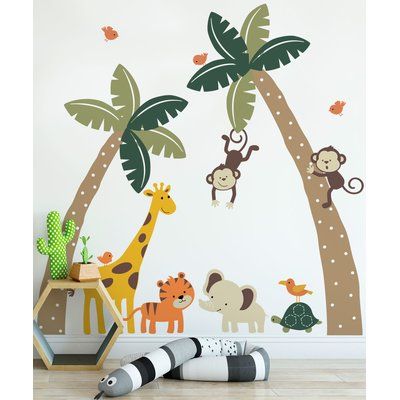 Harriet Bee Errico Palm Trees with Cute Jungle Animals Wall Decal Color: Cute Jungle Animals, Jungle Wall Stickers, Jungle Wall Decals, Jungle Wall, Animal Wall Decals, Jungle Nursery, Jungle Wallpaper, Nursery Baby Room, Tree Wall Decal