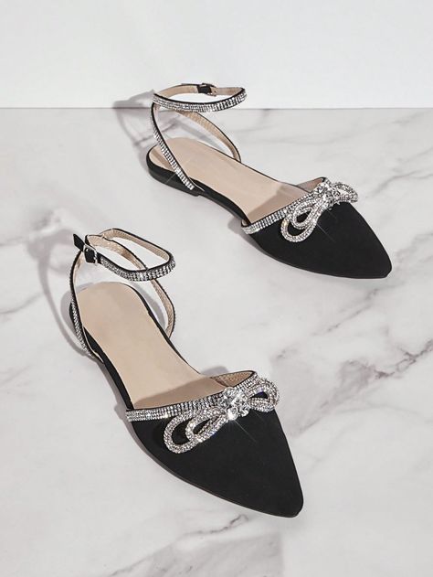 Black Pointed Flats, Fancy Flats, Shoes Heels Classy, Black Mules, Elegant Sandals, Pointed Flats, Heels Classy, Women Flats, Rhinestone Bow