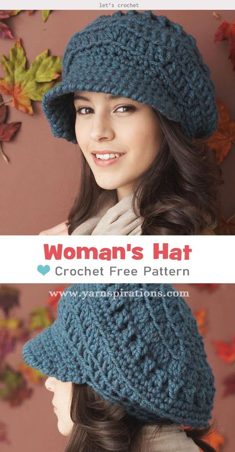 Bernat Slouchy Peaked Hat Free Crochet Pattern #freecrochetpatterns  #crochethatpattern  #slouchyhat Crochet Slouchy Hat Free Pattern, Winter Hat Crochet Pattern, Slouchy Hat Crochet Pattern, Hat Free Crochet Pattern, Peaked Hat, Crochet Slouchy Hat, Easy Crochet Hat, Crochet Beret, Crochet Hat Free