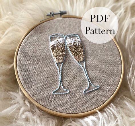 This is a digital download of a PDF pattern of champagne glasses clinking! Champagne Glasses Clinking, Champagne Embroidery, New Years Eve Champagne, Glasses Clinking, Knot Embroidery, Dress Beading, Broderie Simple, French Knot Embroidery, Simple Stitch