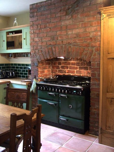 Kitchen with wonderfully wonky original brick chimney breast uncovered during the renovation Brick Chimney Breast, Kitchen Chimney, Kitchen Cooker, Brick Chimney, Brick Kitchen, Victorian Kitchen, Old Fireplace, Chimney Breast, Kitchen Fireplace