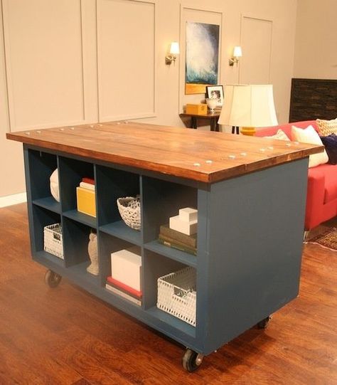 Love this idea! Take two IKEA Expedit bookcases, frame in MDF, paint, attach casters, and bolt some stained 2x10’s to the top. Designed by the amazing Justine Taylor. Ikea Expedit Bookcase, Amazing Ikea Hacks, Craft Table Diy, Ikea Expedit, Floating Shelves Diy, Sewing Rooms, Ikea Diy, Ikea Furniture, Craft Table