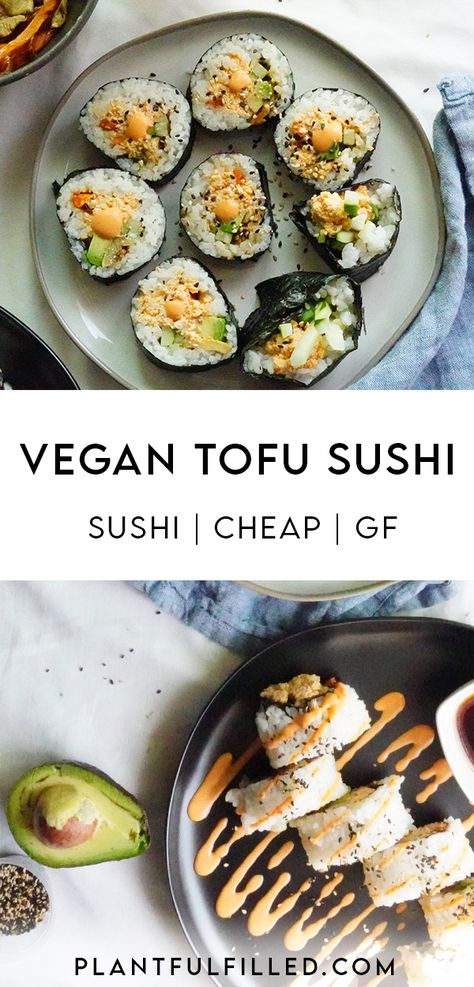 Vegan Spicy Mayo Sushi, Cheap Sushi Recipe, Tofu Sushi Recipes, Vegan Sushi Sauce, Tofu Sushi Bake, Vegan California Rolls, Vegan Sushi Recipe, Cheap Vegan Dinners, Hclf Recipes