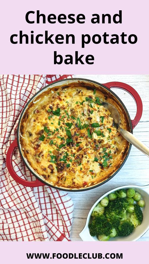 This easy one-pan cheesy chicken and potato bake is made with leftover chicken and buttery fried potatoes in a creamy cheesy sauce. It’s the perfect way to use up leftover chicken and makes a delicious mid-week meal in next to no time. #foodleclub #homemade #chickenandpotatobake #potatobakewithchicken #potatobake #easysuppers Recipe Using Leftover Baked Potatoes, Leftover Chicken Recipes With Potatoes, Leftover Roast Chicken Ideas, Leftover Chicken And Potato Recipes, Rotisserie Chicken And Potatoes Recipes, Roast Chicken Leftovers Recipes, Roasted Chicken Leftover Recipes, Leftover Roast Chicken Recipes, Rotisserie Chicken Recipes Leftover