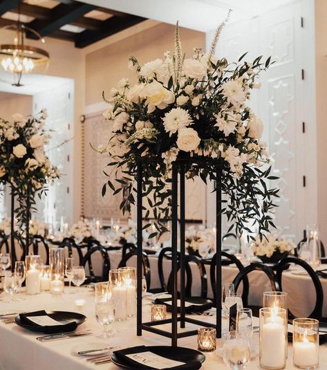 Black White And Gold Sweetheart Table, Black White Champagne And Greenery Wedding, Tabletop Wedding Decor, Black Flower Stands Wedding, White Gold And Black Wedding Decor, Black Tie Centerpieces Table Decorations, Black White And Gold Wedding Centerpieces Floral Arrangements, White And Black Floral Arrangements, Black Gold White Wedding Decoration